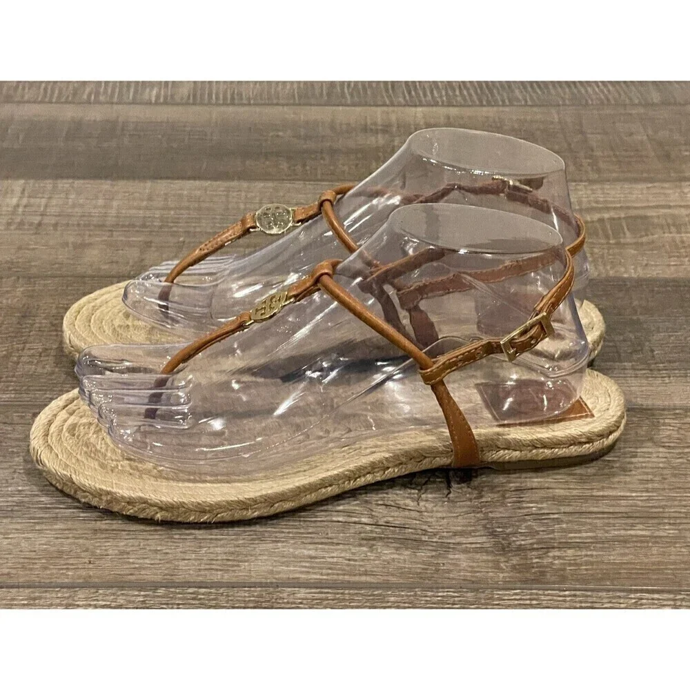 Tory Burch Brown Leather Emmy Flat Espadrilles Thong Sandals Size 8B Womens